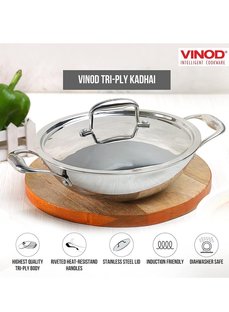 Vinod Platinum Triply Stainless Steel Kadai with Lid- 24 cm, 2.5 L, Silver (Induction Friendly)