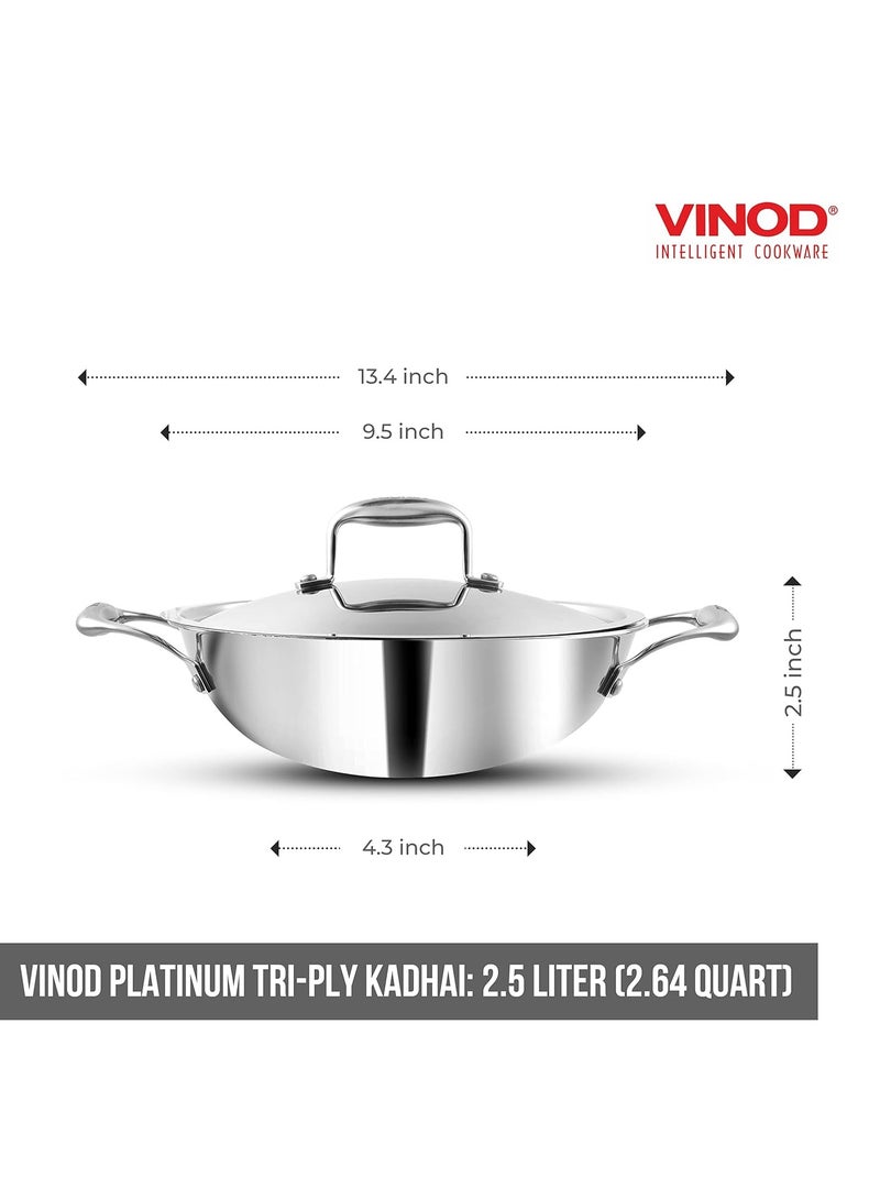 Vinod Platinum Triply Stainless Steel Kadai with Lid- 24 cm, 2.5 L, Silver (Induction Friendly)