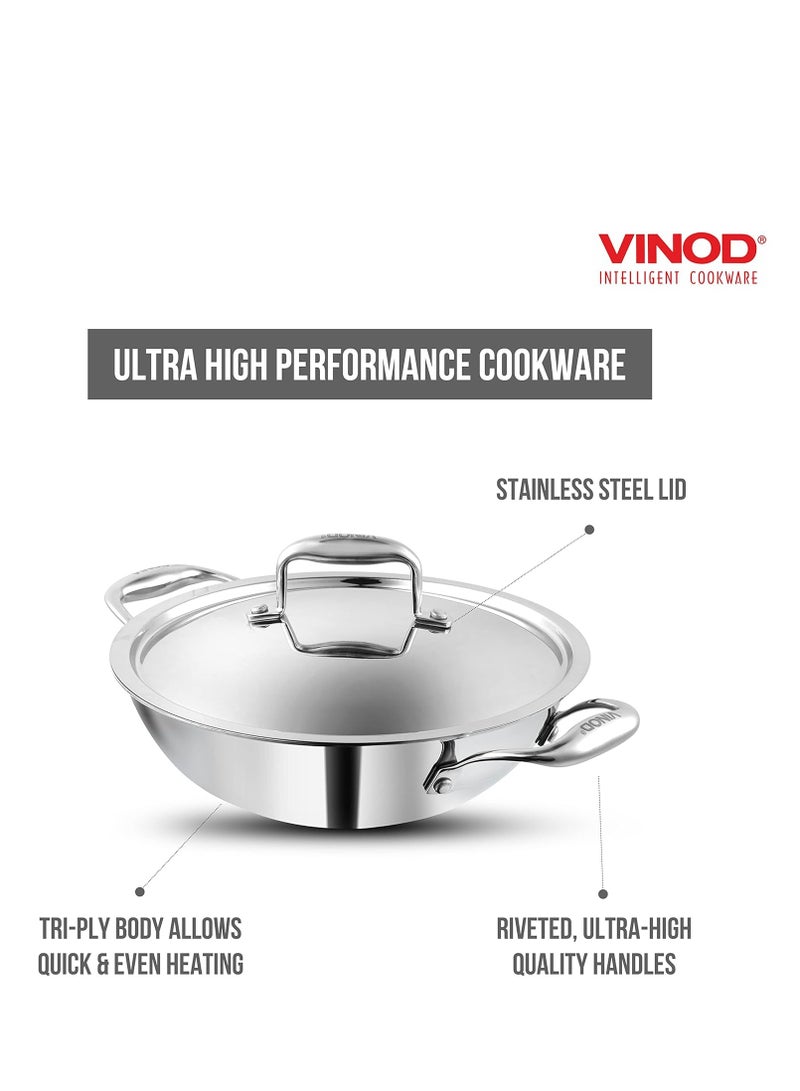 Vinod Platinum Triply Stainless Steel Kadai with Lid- 24 cm, 2.5 L, Silver (Induction Friendly)