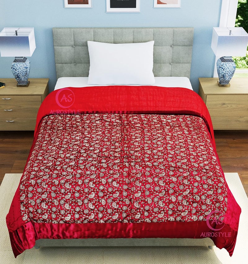 AUROSTYLE Rajasthani Cotton Filled Light Weight Silk Soft Jaipuri AC QuiltRazai Dohar Over All Floral Print Design with Gold Print Quilts Blankets for Home 85x100 InchRed Jaal Print Double Bed - Image 4
