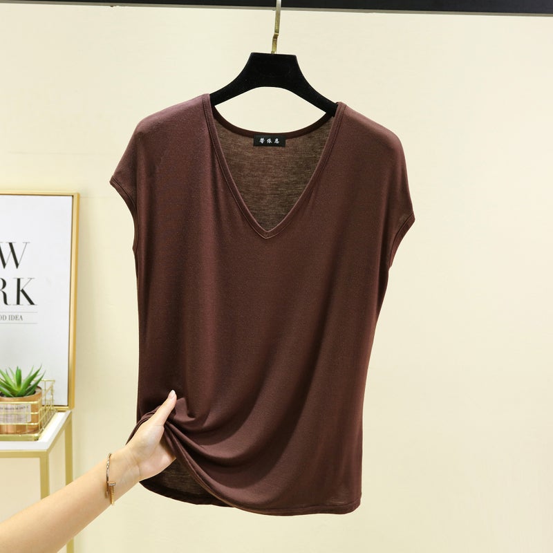 Modal V-Neck Sleeveless T-Shirt Women's Summer Thin Half-Sleeve Loose plus size All-Match Base Shirt Outer Wear T-Shirt Top - Image 1