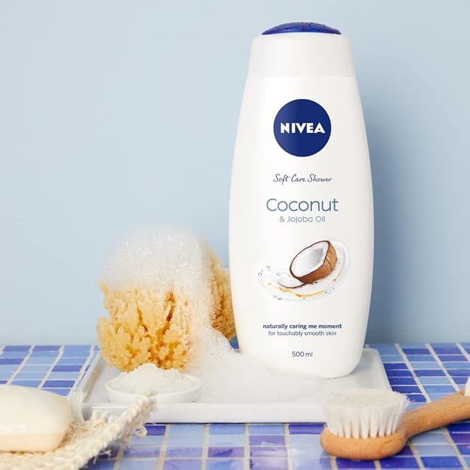 Nivea كريم الاستحمام نيفيا بزيت جوز الهند والجو جوبا 500 مل غسول مرطب للجسم بزيت جوز الهند والجو جوبا للعناية بالبشرة للنساء لبشرة ناعمة ومرنة