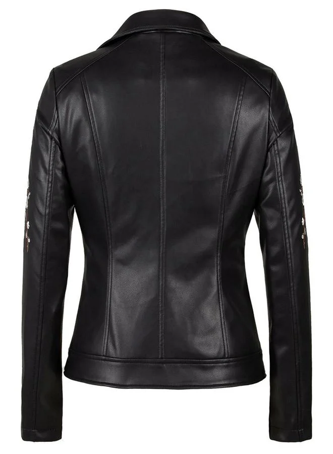 Take Two Black Floral Embroidered Biker Jacket