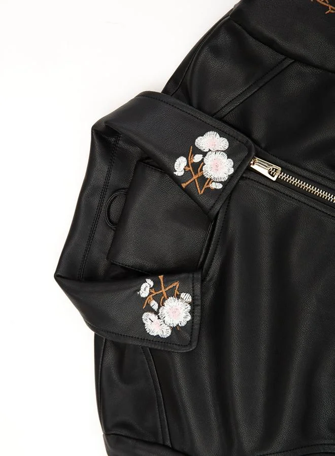 Take Two Black Floral Embroidered Biker Jacket