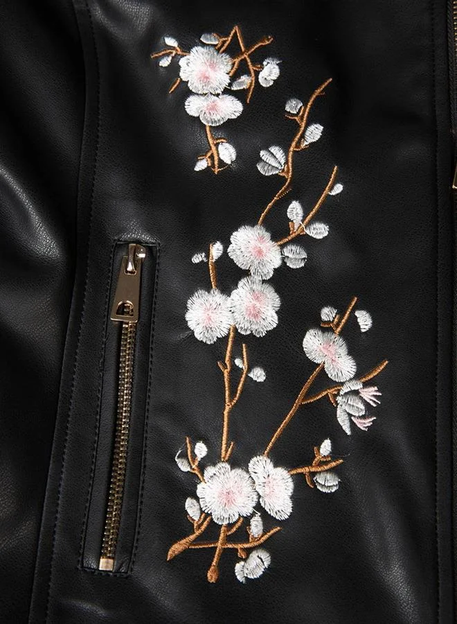 Take Two Black Floral Embroidered Biker Jacket