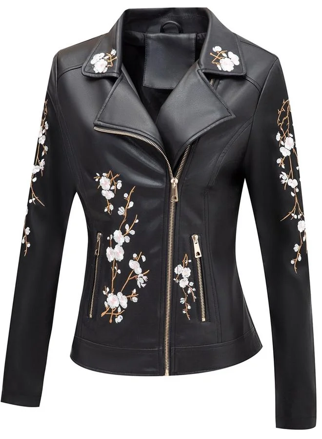 Take Two Black Floral Embroidered Biker Jacket