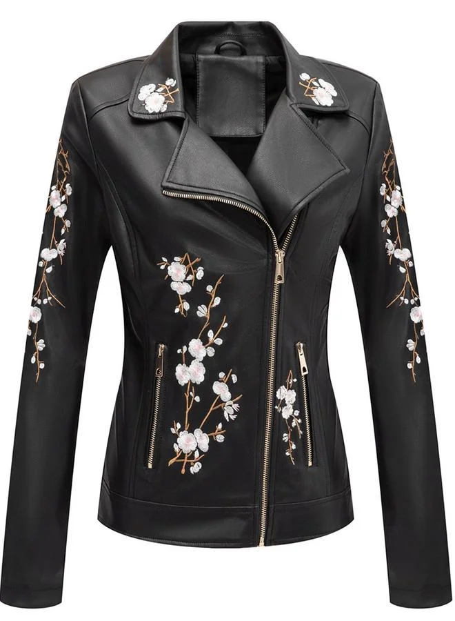 Take Two Black Floral Embroidered Biker Jacket
