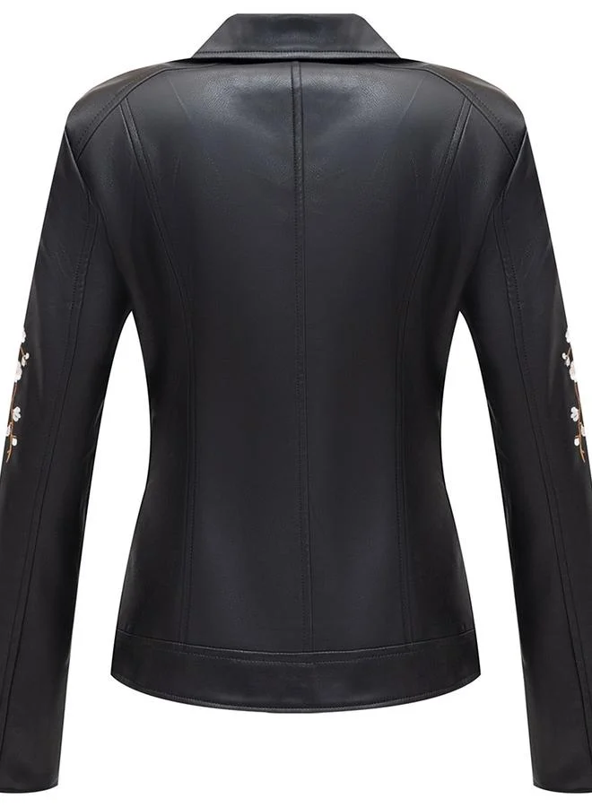 Take Two Black Floral Embroidered Biker Jacket