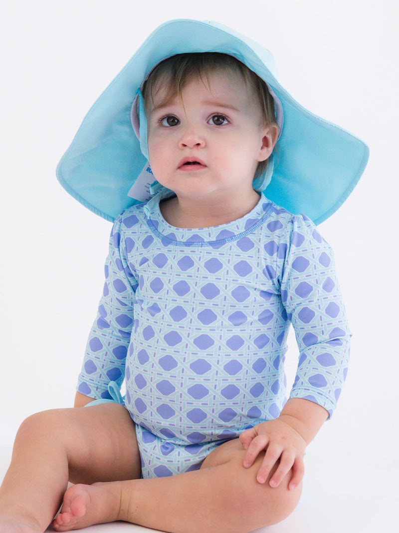 RuffleButts Baby Girls UPF 50+ Sun Protection Novelty Print Long Sleeve One Piece Rash Guard Swimsuit with Zipper - Periwinkle Blue Coastal Cane, 6-12m - Image 2