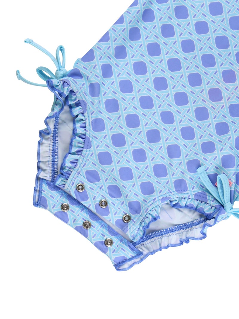 RuffleButts Baby Girls UPF 50+ Sun Protection Novelty Print Long Sleeve One Piece Rash Guard Swimsuit with Zipper - Periwinkle Blue Coastal Cane, 6-12m - Image 4