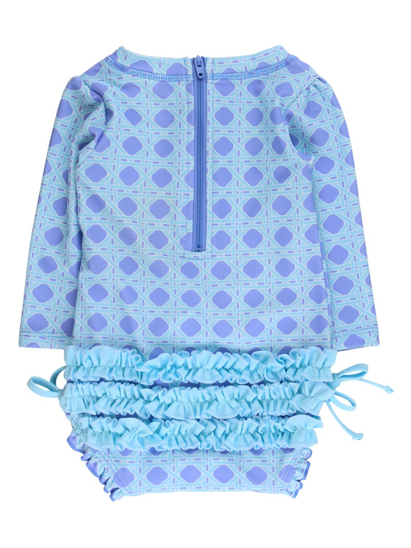 RuffleButts Baby Girls UPF 50+ Sun Protection Novelty Print Long Sleeve One Piece Rash Guard Swimsuit with Zipper - Periwinkle Blue Coastal Cane, 6-12m - Image 3