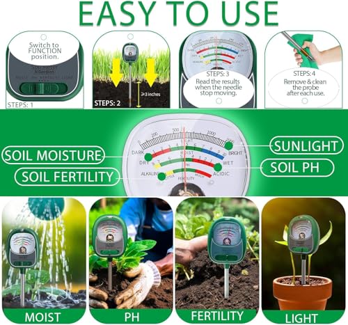 AiGerdinn Soil Moisture Meter for Plants, 4-in-1 Soil Tester - pH/Fertility/Sunlight Meter, Large Dial, Indoor/Outdoor Plant Water Monitor, Garden Soil Test Kit for Lawn, Farm, Houseplants - Image 4
