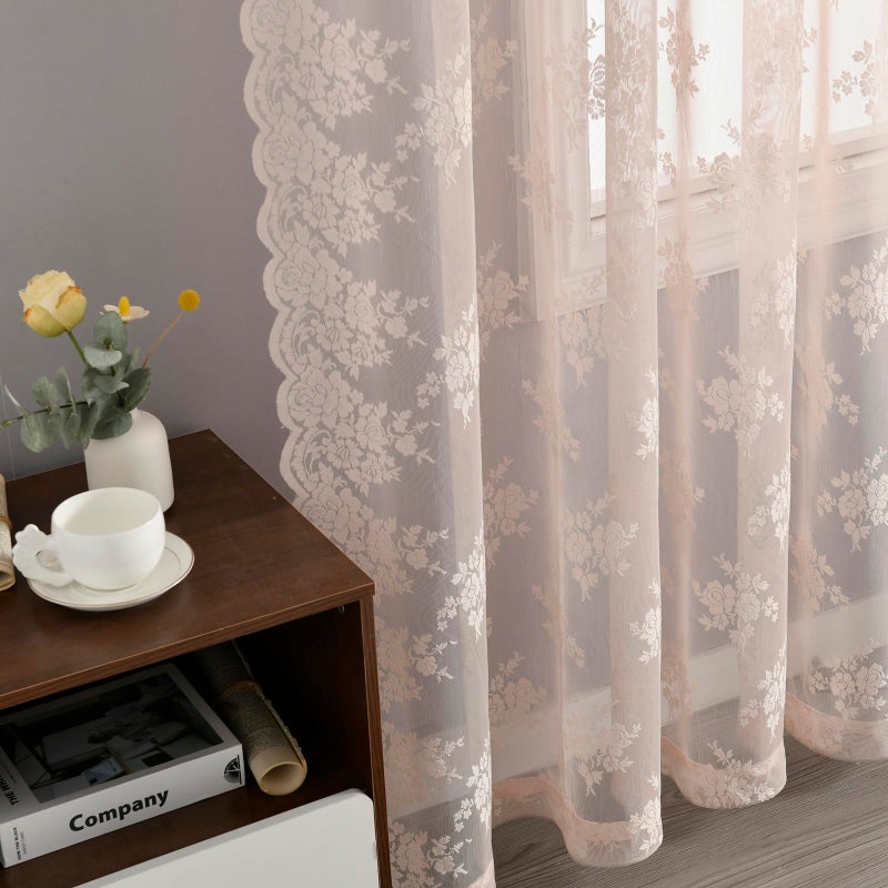 Kotile Blush Pink Lace Curtains 54 Inch Length - Country Rustic Floral Pattern Sheer Lace Curtains for Girls Bedroom  Privacy Short Lace Curtains for Windows  52 x 54 Inch  2 Panels  Blush Pink - Image 5