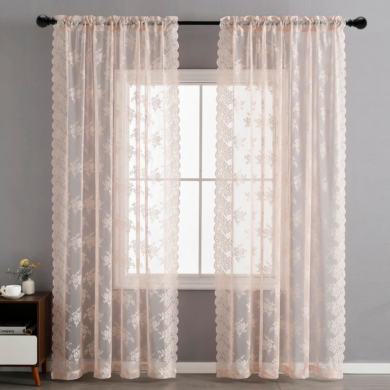 Kotile Blush Pink Lace Curtains 54 Inch Length - Country Rustic Floral Pattern Sheer Lace Curtains for Girls Bedroom  Privacy Short Lace Curtains for Windows  52 x 54 Inch  2 Panels  Blush Pink - Image 2