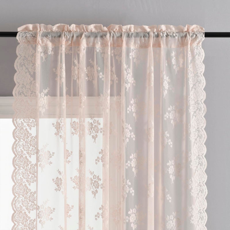 Kotile Blush Pink Lace Curtains 54 Inch Length - Country Rustic Floral Pattern Sheer Lace Curtains for Girls Bedroom  Privacy Short Lace Curtains for Windows  52 x 54 Inch  2 Panels  Blush Pink - Image 3