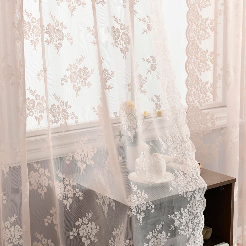 Kotile Blush Pink Lace Curtains 54 Inch Length - Country Rustic Floral Pattern Sheer Lace Curtains for Girls Bedroom  Privacy Short Lace Curtains for Windows  52 x 54 Inch  2 Panels  Blush Pink - Image 1