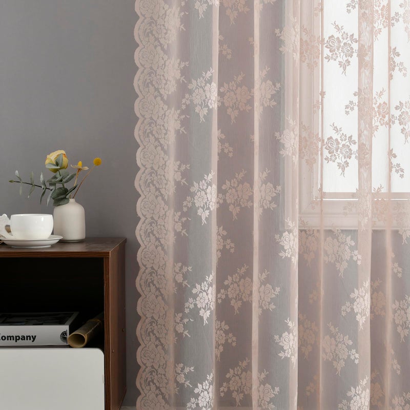 Kotile Blush Pink Lace Curtains 54 Inch Length - Country Rustic Floral Pattern Sheer Lace Curtains for Girls Bedroom  Privacy Short Lace Curtains for Windows  52 x 54 Inch  2 Panels  Blush Pink - Image 4