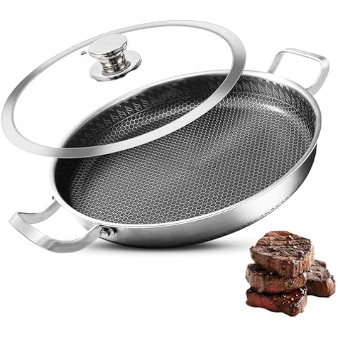 Spnor مقلاة باييلا من الفولاذ المقاوم للصدأ مقاس 34 سم، مقلاة باييلا مع غطاء، مقلاة كبيرة غير لاصقة ثلاثية الطبقات على شكل خلية نحل، أواني طهي من الفولاذ المقاوم للصدأ، مقلاة حثية، مقالي لحفلات التخييم في الهواء الطلق، وعاء طهي - Image 1