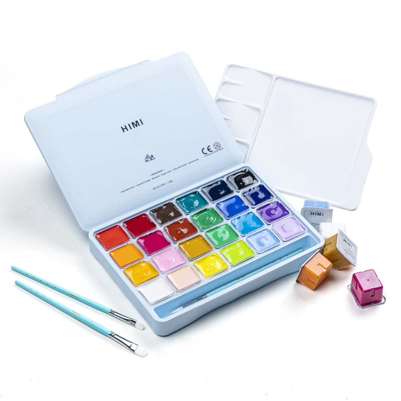 HIMI Gouache Paints set with 3 Paint Brushes, 24 Colors, 30g, Jelly Cup Design, Non Toxic Paint for Canvas and Paper, Art Supplies for Professionals (Ice Blue Case) - Image 1