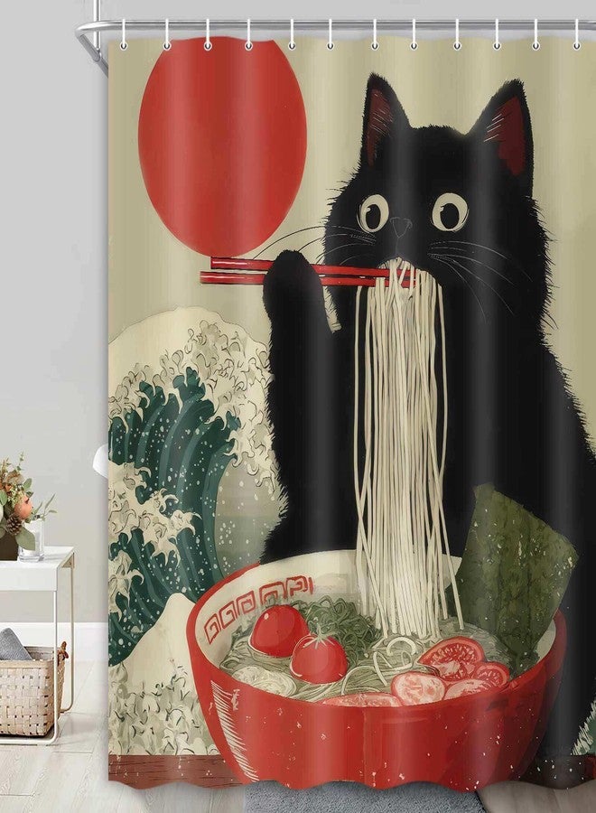 Hajmsug Funny Japanese Cat Shower Curtain Vintage Fun Cool Cute Black Cat Art Shower Curtain Asian Japan Sunset Anime Ocean Wave Unique Waterproof Fabric Bath Curtain Decor 71X71 in - Image 2