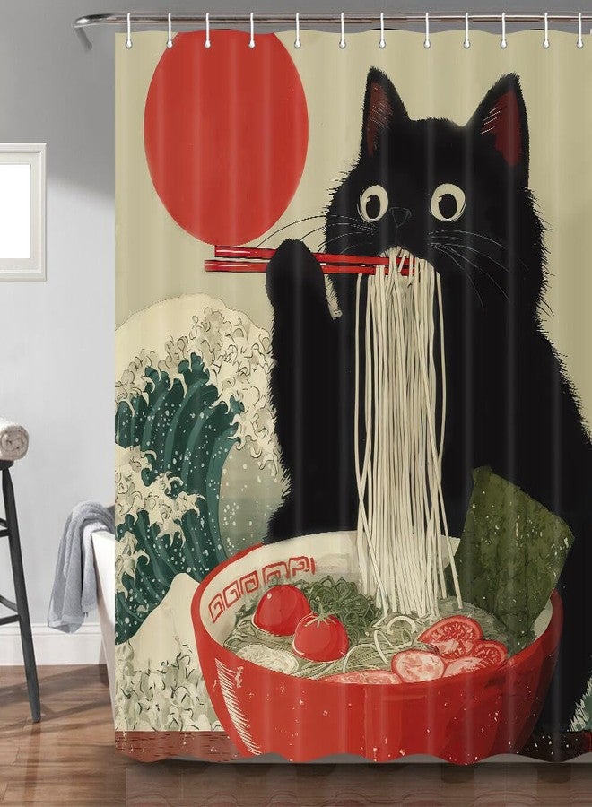 Hajmsug Funny Japanese Cat Shower Curtain Vintage Fun Cool Cute Black Cat Art Shower Curtain Asian Japan Sunset Anime Ocean Wave Unique Waterproof Fabric Bath Curtain Decor 71X71 in - Image 3