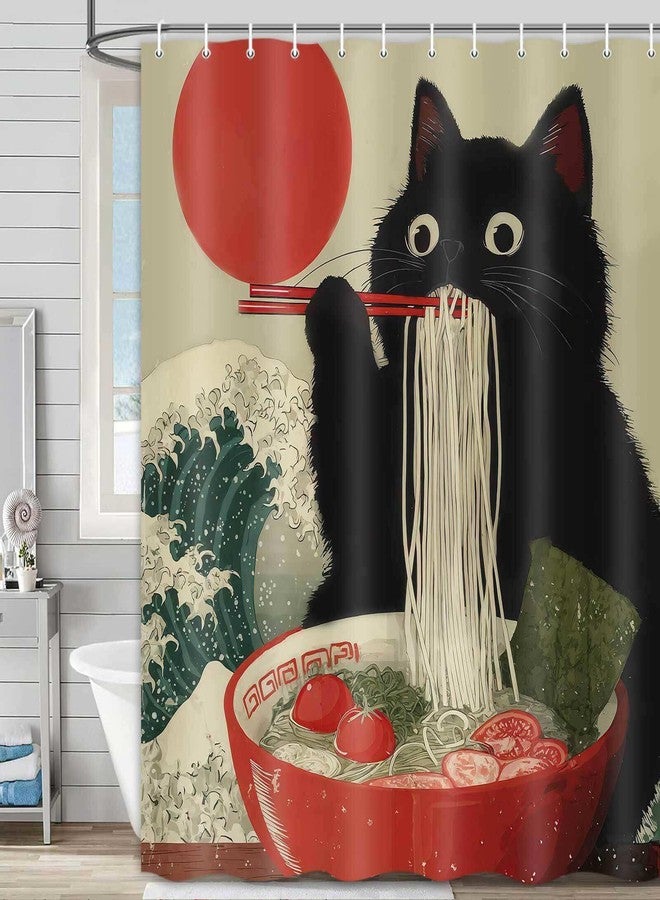 Hajmsug Funny Japanese Cat Shower Curtain Vintage Fun Cool Cute Black Cat Art Shower Curtain Asian Japan Sunset Anime Ocean Wave Unique Waterproof Fabric Bath Curtain Decor 71X71 in - Image 1