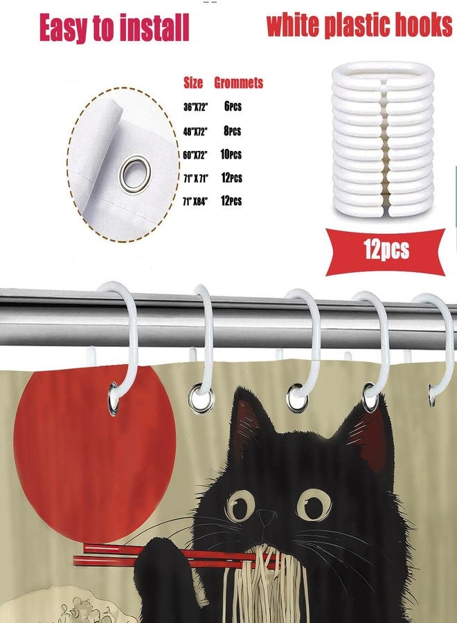 Hajmsug Funny Japanese Cat Shower Curtain Vintage Fun Cool Cute Black Cat Art Shower Curtain Asian Japan Sunset Anime Ocean Wave Unique Waterproof Fabric Bath Curtain Decor 71X71 in - Image 5