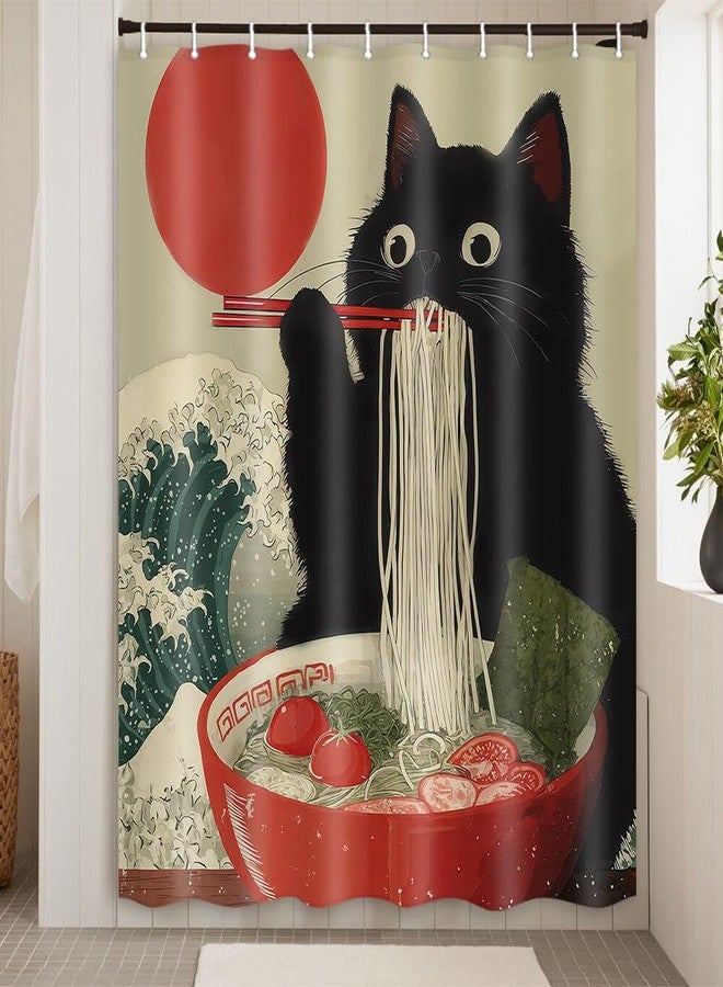 Hajmsug Funny Japanese Cat Shower Curtain Vintage Fun Cool Cute Black Cat Art Shower Curtain Asian Japan Sunset Anime Ocean Wave Unique Waterproof Fabric Bath Curtain Decor 71X71 in - Image 4