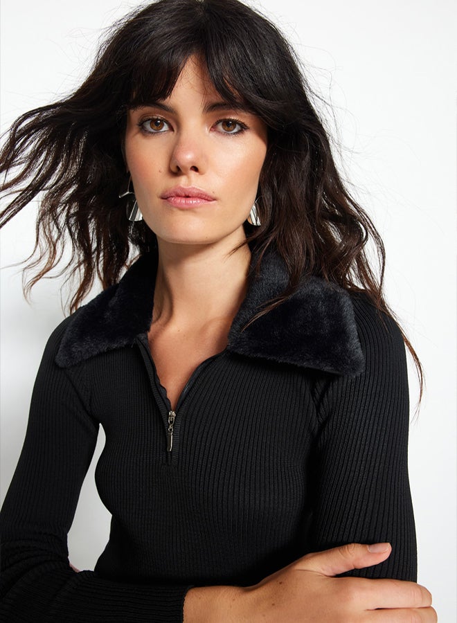 trendyol Black Mini Knitwear Faux Fur Detailed Dress TWOAW24EL00022 - Image 3