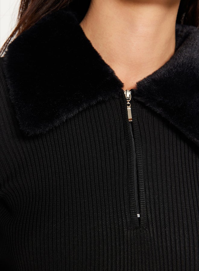 trendyol Black Mini Knitwear Faux Fur Detailed Dress TWOAW24EL00022 - Image 5