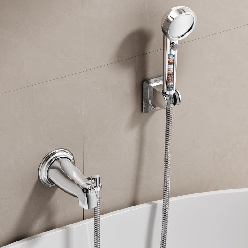 SINGSUO Bathtub Faucet with Sprayer, Filtered Shower Head Attaches to Tub Faucet, Metal Tub Tap with Sprayer, Bathtub Shower Attachment with 3 Adapters, 3-Mode Shower Head with ON/OFF Button (Chrome) - Image 1