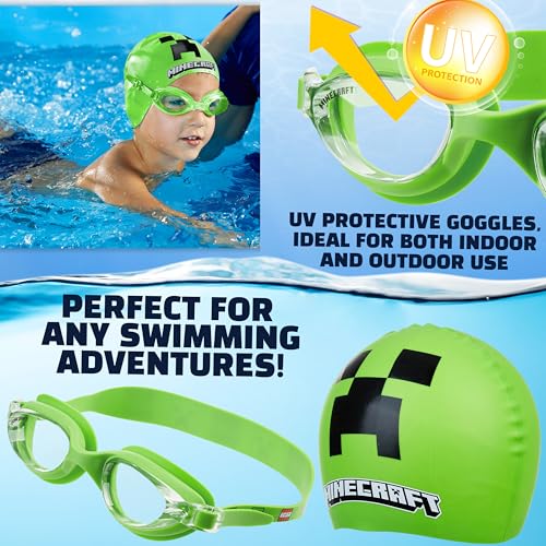 Get Trend Swim Goggles and Swim Cap Kids Teens Anti Fog UV Protection Swimming Goggles (Green Minecraft, 6-14 Years) - Image 3