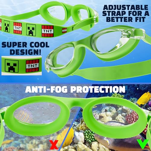 Get Trend Swim Goggles and Swim Cap Kids Teens Anti Fog UV Protection Swimming Goggles (Green Minecraft, 6-14 Years) - Image 4