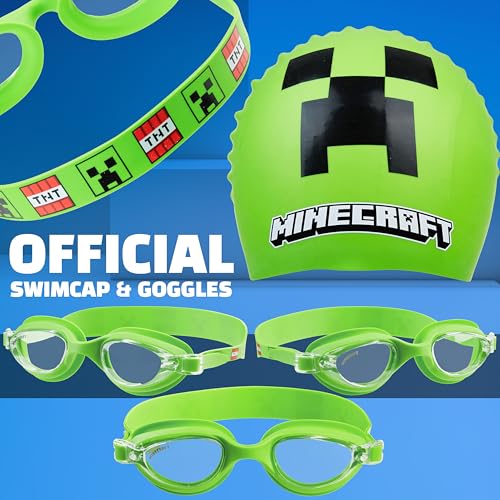 Get Trend Swim Goggles and Swim Cap Kids Teens Anti Fog UV Protection Swimming Goggles (Green Minecraft, 6-14 Years) - Image 2
