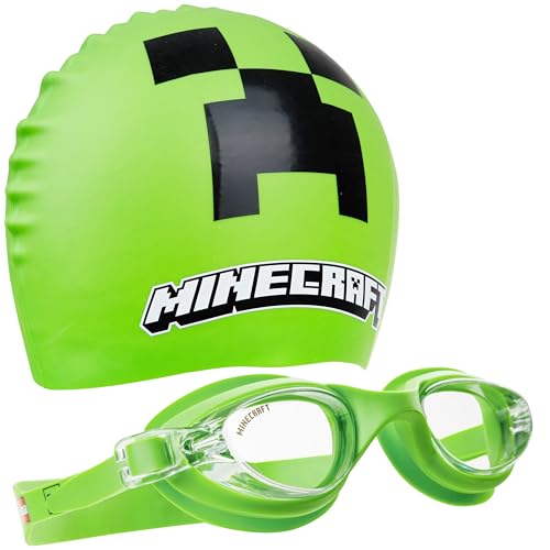 Get Trend Swim Goggles and Swim Cap Kids Teens Anti Fog UV Protection Swimming Goggles (Green Minecraft, 6-14 Years) - Image 1