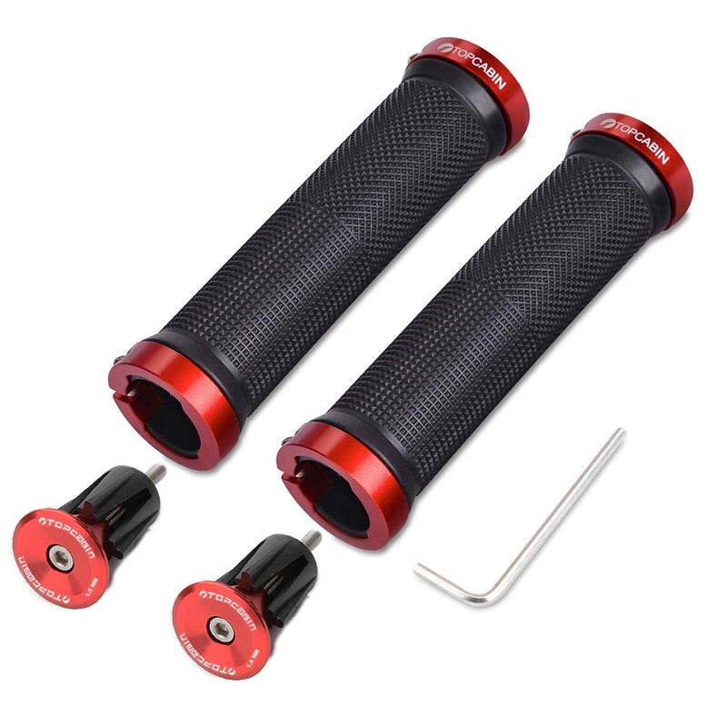 توبكابن Bicycle Grips,Double Lock on Locking Bicycle Handlebar Grips Rubber Comfortable Bike Grips for Mountain BMX ((Aluminum Lock Plug) Red 1 Pair) - Image 1