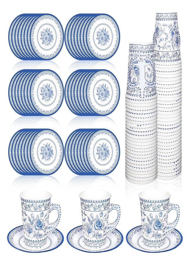 Whaline 80Pcs Blue White Floral Paper Tea Cups and Saucers Porcelain Chinoiserie Flower 9oz Disposable Teacups with Handle and Dessert Plates for Wedding Princess Baby Shower Birthday Spring Tea Party - Image 1