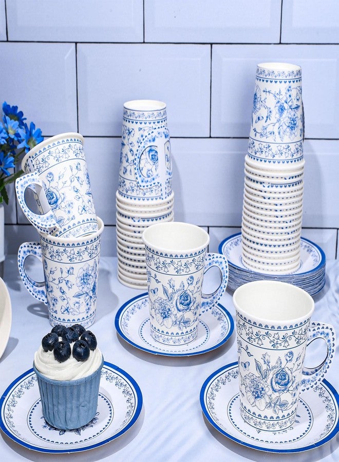 Whaline 80Pcs Blue White Floral Paper Tea Cups and Saucers Porcelain Chinoiserie Flower 9oz Disposable Teacups with Handle and Dessert Plates for Wedding Princess Baby Shower Birthday Spring Tea Party - Image 5