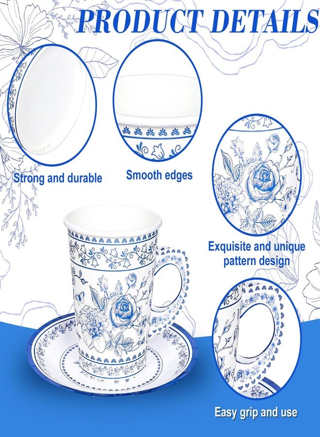 Whaline 80Pcs Blue White Floral Paper Tea Cups and Saucers Porcelain Chinoiserie Flower 9oz Disposable Teacups with Handle and Dessert Plates for Wedding Princess Baby Shower Birthday Spring Tea Party - Image 3