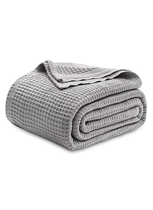 Bedsure Bedsure 100 Cotton Blanket Queen Size for Bed  Breathable and Soft Waffle Weave Blanket for Summer Spring Grey 90x90 Inches 