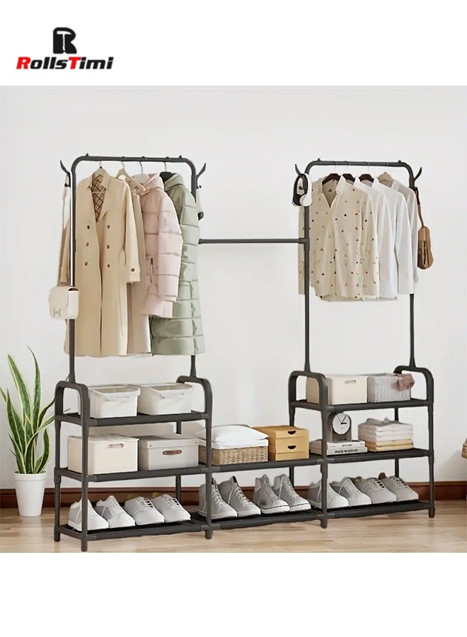 RollsTimi  Three Rows Three Tiers Freestanding Metal Clothing Rack Shoe Storage Shelves for Bedroom Living Room Entryway Space-Saving,Black - Image 1