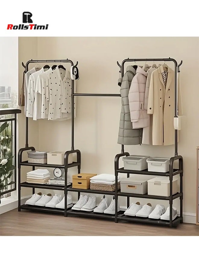 RollsTimi  Three Rows Three Tiers Freestanding Metal Clothing Rack Shoe Storage Shelves for Bedroom Living Room Entryway Space-Saving,Black - Image 2