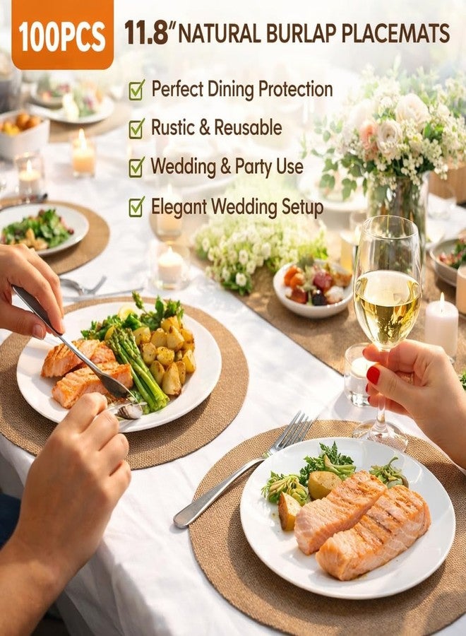 NIMBLOOM 100 Pieces Fall Burlap Placemats, 11.8 Inches Burlap Round Reusable Placemats Brown Table Mats Circle Rustic Table Decorations for Wedding Christmas Dinner Holiday Farmhouse Supplies - Image 4