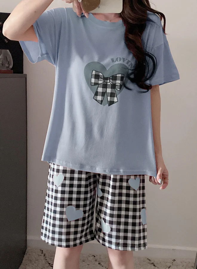 Take Two Light Blue Plus Size Heart Print Checked T-Shirt and Shorts Set for Women | Best Price UAE