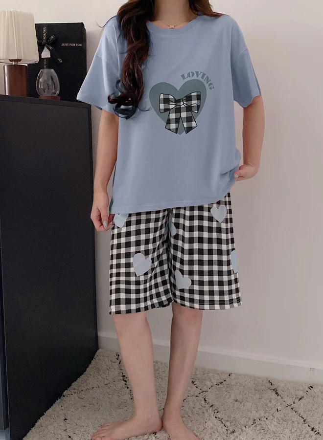 Take Two Light Blue Plus Size Heart Print Checked T-Shirt and Shorts Set for Women | Best Price UAE