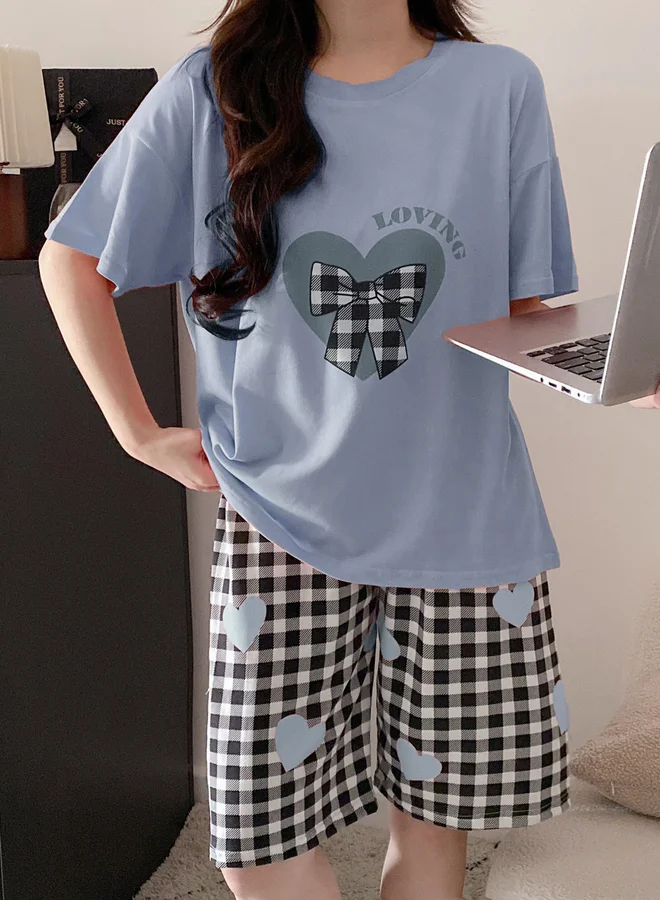 Take Two Light Blue Plus Size Heart Print Checked T-Shirt and Shorts Set for Women | Best Price UAE