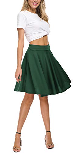 EXCHIC Women's Casual Stretchy Flared Midi Skater Skirts Basic A-Line Pleated Midi Skirt (L, Green) - Image 3