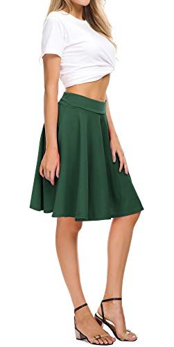 EXCHIC Women's Casual Stretchy Flared Midi Skater Skirts Basic A-Line Pleated Midi Skirt (L, Green) - Image 2