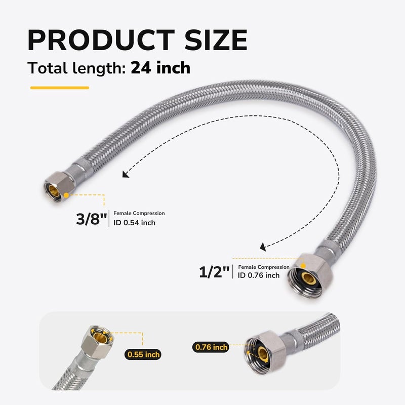 JUWO 24" Faucet Supply Line, 3/8" Comp x 1/2" FIP Stainless Steel Kitchen Faucet Hose Connector, For Small Kitchen Sink with Moderate or Short Distance (2-Pack) - Image 2