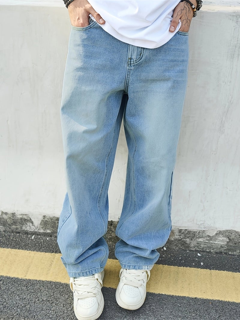 Men's American-style Wide-leg Straight-cut Washed Denim Trendy Solid Color Hong Kong Style Vintage Casual Jeans - Image 2